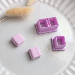 Peut inclure: Ensemble de découpoirs en pâte polymère et petits carrés en argile de couleur lilas. Les découpoirs sont rectangulaires avec un motif d'échelle et des formes carrées. Les pièces d'argile ont une surface texturée. Sur une assiette blanche.