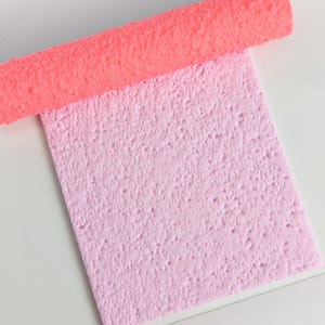 May include: A textured, rectangular pink sponge with a rolled-up coral-colored section. The sponge is displayed on a white surface. The image shows a close-up view of the sponge's surface.