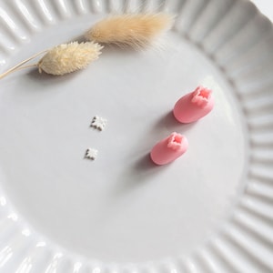 May include: A white, fluted plate displays two small pink objects, possibly sweets or decorations, shaped like baby shoes. Two small white star-shaped decorations and dried beige bunny tail grass are also present.