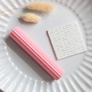May include: A pink, cylindrical object with vertical lines and a white, brick-patterned square are displayed on a white, fluted plate. Two dried, beige bunny tail grass stems are also on the plate. The objects are likely decorative or for crafting.