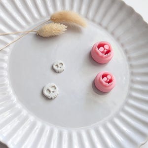 May include: Two small, speckled white skull-shaped clay pieces and two pink circular silicone moulds with skull-shaped indentations. The items are arranged on a white fluted plate alongside two dried, light tan, fluffy botanical stems.