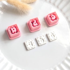 Könnte beinhalten: Rosa quadratische Buchstaben-Ausstecher mit den Buchstaben "a", "d" und "c" im Inneren. Drei weiße quadratische Kacheln mit den Zahlen "1", "5" und "3" sind ebenfalls vorhanden. Die Artikel sind auf einem weißen Teller mit einer dekorativen Trockenpflanze angeordnet.