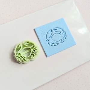 Pode incluir: Um cortador de biscoitos em forma de caranguejo verde claro ao lado de um quadrado azul com uma impressão de caranguejo. O cortador está sobre uma superfície branca, com um fundo rosa claro pontilhado. O design do caranguejo é detalhado e adequado para assar.