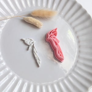 May include: A white ceramic plate with a fluted edge holds a pink butterfly-shaped cookie cutter and a white, leaf-shaped cutter. Dried, beige bunny tail grass adds a natural accent to the composition.