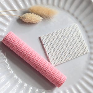May include: A pink, textured, cylindrical object and a white, woven-patterned square are displayed on a white, fluted plate. Two dried, beige-coloured bunny tail grass stems are also on the plate. The objects are arranged for a decorative display.