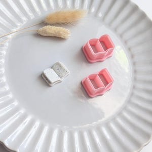 Peut inclure: Une assiette en céramique blanche à bordure cannelée contient un petit objet en forme de livre ouvert et deux emporte-pièces roses en forme de livre. Deux tiges de graminées séchées beiges sont également sur l'assiette.