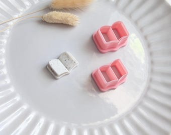 May include: A white ceramic plate with a fluted edge holds a small, open book-shaped object and two pink book-shaped cookie cutters. Two dried, beige bunny tail grass stems are also on the plate.