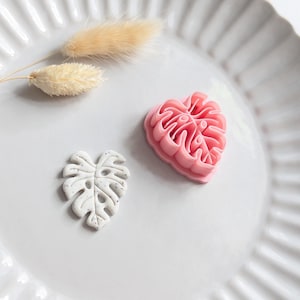 Puede incluir: Un plato de cerámica blanco contiene un objeto blanco y otro rosa en forma de hoja, junto con dos plantas decorativas beige secas. Los objetos son probablemente para manualidades o repostería, con un tema botánico.