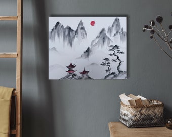 Tableau zen taoïste japonais traditionnel, montagnes, soleil rouge, pagode du temple, arbres, oeuvre d'art sumi-e, peint à la main