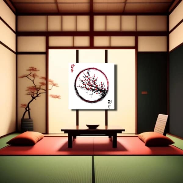 Japanischer Zen-Kreis Enso mit Kirschbaum, schwarz-rot, Harmonie, Frieden 60x60cm, Koreanische Kalligrafie, Unikat, handgemalt,Original,Asia