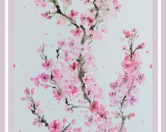 Zart-liebliches rosé Japanische Kirschblüten- Sakura Aquarell,Leinwand 20×50cm,Feng Shui, Zen,Bilder für Meditation & Entspannung,Asia-Kunst