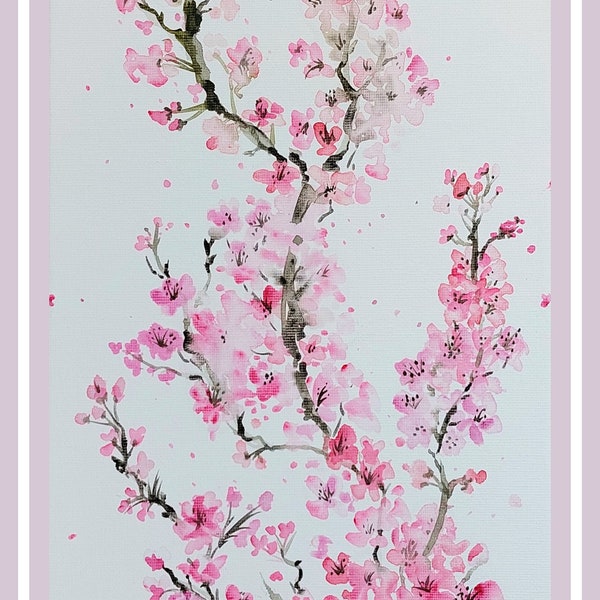 Zart-liebliches rosé Japanische Kirschblüten- Sakura Aquarell,Leinwand 20×50cm,Feng Shui, Zen,Bilder für Meditation & Entspannung,Asia-Kunst