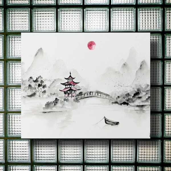 NEU Traditionell Japanisches Sumi-e Gemälde, ZEN Feng Shui, 40x50cm Fischerboot, Graue Berge, Rote Sonne, Kalligrafie, Aquarell, Asien-Kunst