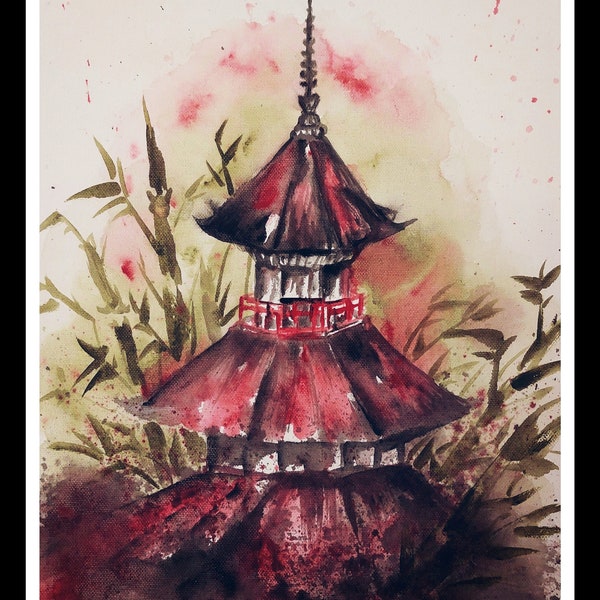 NEU Japanische Tempel-Pagode mit Grünem Bambus, Feng Shui 30x40cm,Original, Unikat, handgemalt,Chinesische Kunst,Spirituelle Kunst,Leinwand