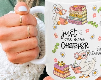 Just One More Chapter Mug, Book Lover Gift For Women, Coquette Book Club Mug, Pink Silly Goose Reading Cup, Cozy Librarian Gift