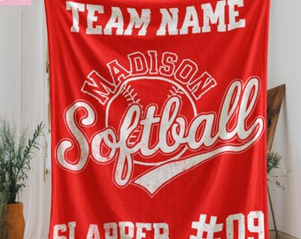 Personalized Softball Blanket With Team Name And Number, Senior 2025 Sports Gift For Girls, Custom Player Blanket For Softball Team