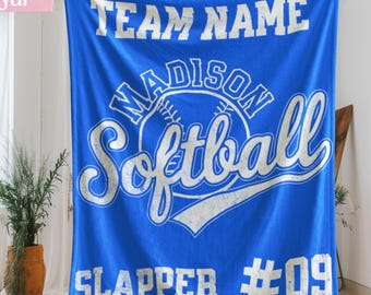 Personalized Softball Blanket With Team Name And Number, Senior 2025 Sports Gift For Girls, Custom Player Blanket For Softball Team