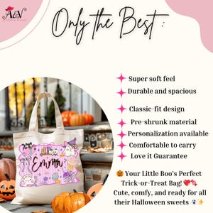 Peut inclure: Un sac fourre-tout en toile beige avec un motif sur le th&egrave;me d'Halloween, avec le nom "Emma". Le sac est orn&eacute; d'images de dessins anim&eacute;s et entour&eacute; de citrouilles. Le texte sur le sac comprend "Only the Best".
