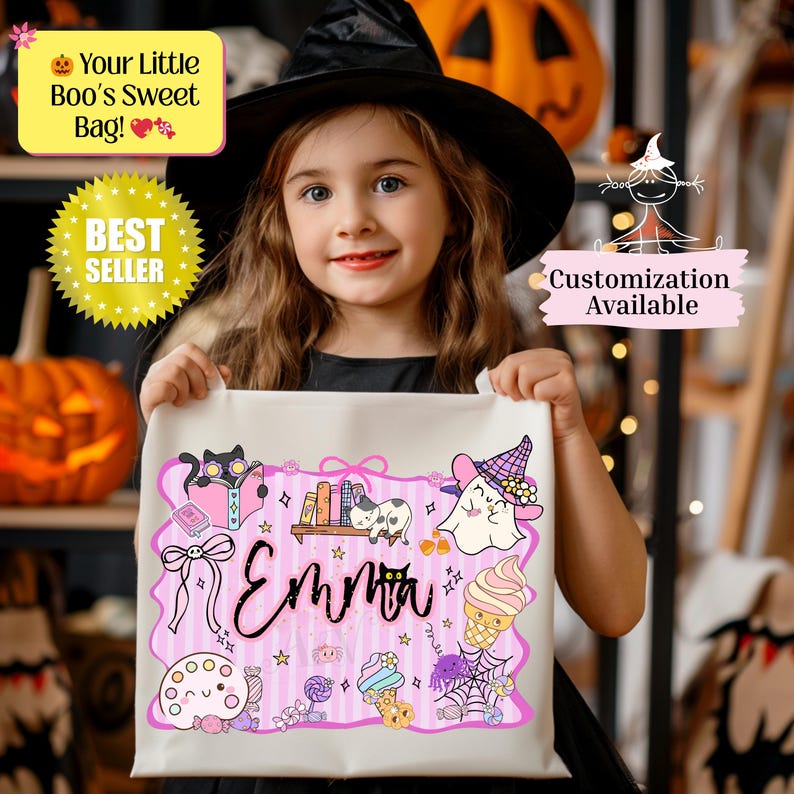 Peut inclure: Un sac fourre-tout blanc sur le th&egrave;me d'Halloween avec un motif rose et violet. Le sac pr&eacute;sente un chat de dessin anim&eacute;, un fant&ocirc;me et un cornet de cr&egrave;me glac&eacute;e. Le nom "Emma" est &eacute;crit en cursive. Le texte sur le sac indique "Your Little Boo's Sweet Bag!" et "Best Seller".