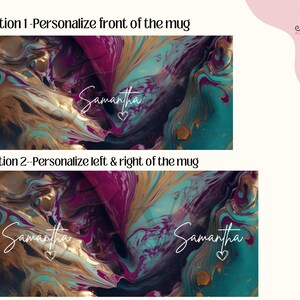 Pode incluir: Duas op&ccedil;&otilde;es para personalizar uma caneca com um design abstrato em espiral em tons de turquesa, roxo, dourado e marrom. O nome "Samantha" est&aacute; escrito em branco na caneca.
