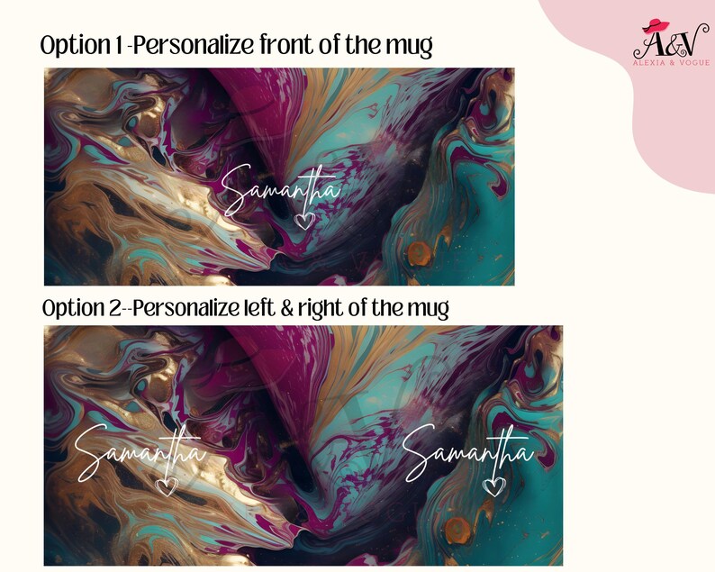 Pode incluir: Duas op&ccedil;&otilde;es para personalizar uma caneca com um design abstrato em espiral em tons de turquesa, roxo, dourado e marrom. O nome "Samantha" est&aacute; escrito em branco na caneca.