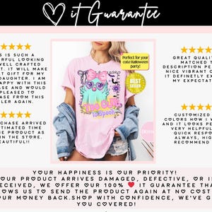 Peut inclure: T-shirt rose clair avec un fant&ocirc;me de dessin anim&eacute; portant des lunettes et un n&oelig;ud, avec le texte "Too Cute to Spook". Le t-shirt a un autocollant "Best Seller" et le texte "Perfect for your cute Halloween party!"
