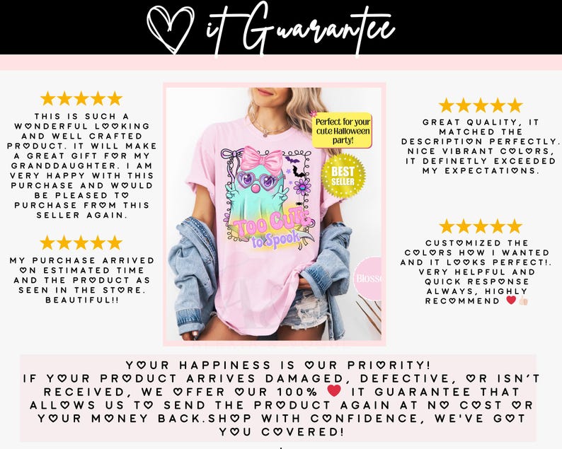 Peut inclure: T-shirt rose clair avec un fant&ocirc;me de dessin anim&eacute; portant des lunettes et un n&oelig;ud, avec le texte "Too Cute to Spook". Le t-shirt a un autocollant "Best Seller" et le texte "Perfect for your cute Halloween party!"