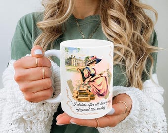 Caneca de café Orgulho e Preconceito, vintage, personalizada, presente para amantes de livros, estilo Jane Austen. Ideal para fãs de literatura, com citações de Jane Austen.
