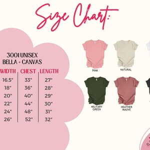 May include: Size chart for unisex Bella + Canvas 3001 t-shirts. The chart shows the width, chest, and length measurements in inches for sizes XS, S, M, L, XL, and 2XL. The chart also shows the color options: pink, natural, white, military green, heather mauve, and dark grey heather.
