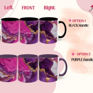 Pode incluir: Duas op&ccedil;&otilde;es para uma caneca personalizada com um design de m&aacute;rmore roxo e rosa. A caneca tem uma al&ccedil;a preta ou uma al&ccedil;a roxa. A caneca &eacute; personalizada com o nome "Samantha".