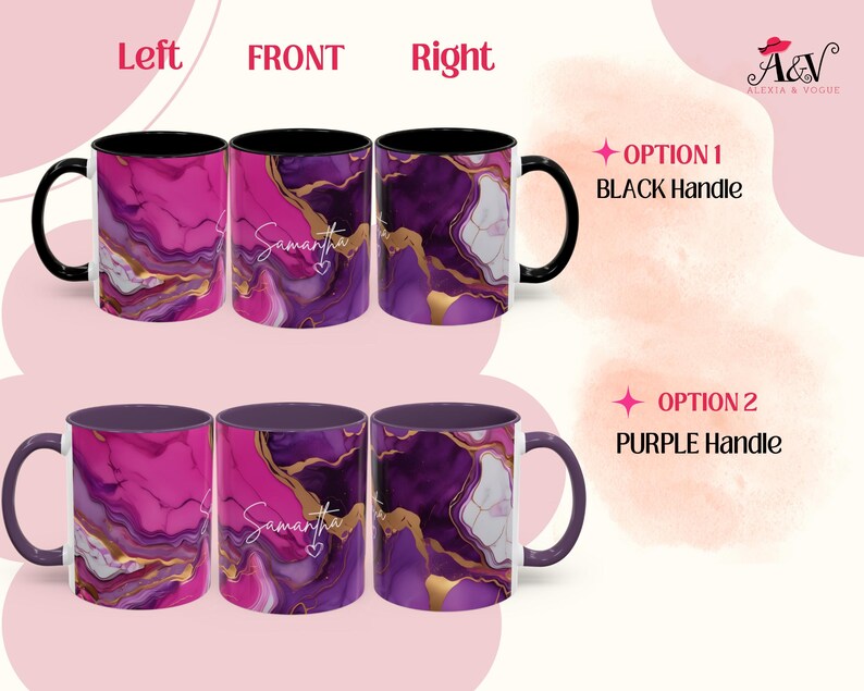 Pode incluir: Duas op&ccedil;&otilde;es para uma caneca personalizada com um design de m&aacute;rmore roxo e rosa. A caneca tem uma al&ccedil;a preta ou uma al&ccedil;a roxa. A caneca &eacute; personalizada com o nome "Samantha".