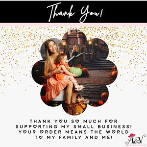 Peut inclure: Une carte de remerciement avec les mots "Thank You!" en &eacute;criture manuscrite. La carte pr&eacute;sente une photo d'une femme et d'un enfant, des citrouilles et le texte "Thank you so much for supporting my small business!"