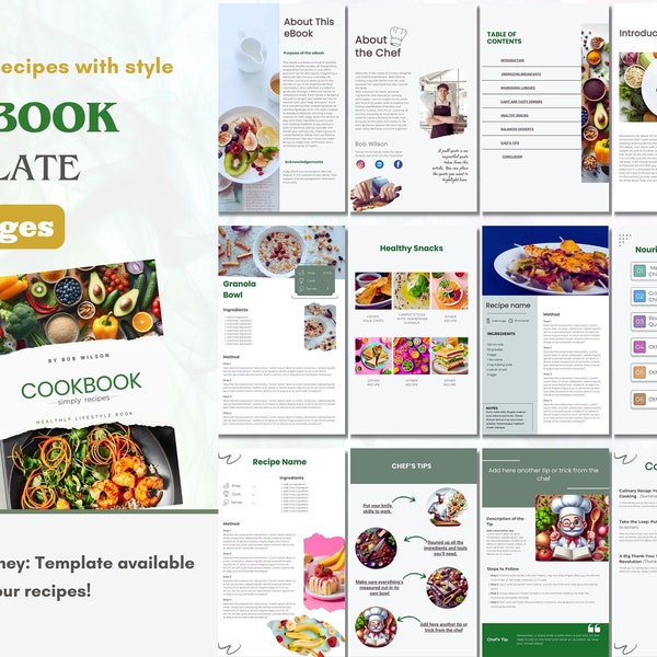 template cookbook, recettes saines, livre de cuisine personnalisable canva, design moderne, template imprimable, planifiacteur de repas