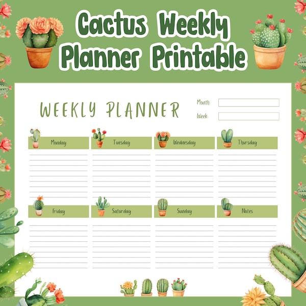 Cactus Weekly Planner Printable - Instant Download PDF, Modern Succulent Design, Personal Organizer, Green Theme Home Office Decor