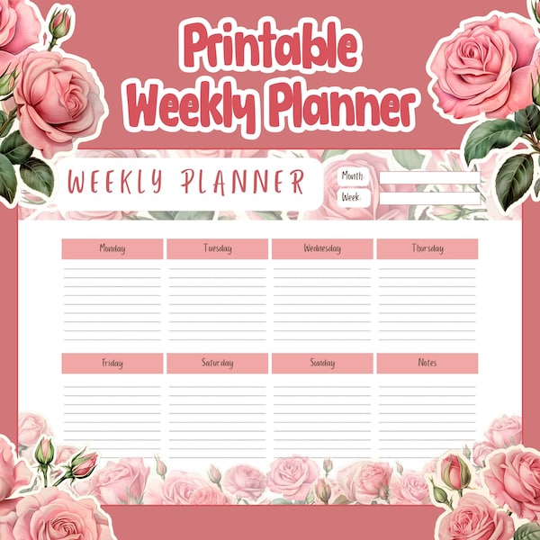 Printable Weekly Planner 2024 - Elegant Pink Roses Design, PDF Instant Download, A4 & US Letter, Home Office Organizer, Floral Planner