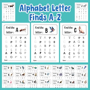 La letra del alfabeto encuentra PDF A-Z / Hojas de actividades educativas para niños imprimibles / Juego de aprendizaje preescolar en casa / Descarga instantánea