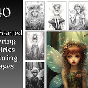 May include: 40 Enchanted Spring Fairies coloring pages. Black and white illustrations of fairies with wings, flowers, and nature scenes.