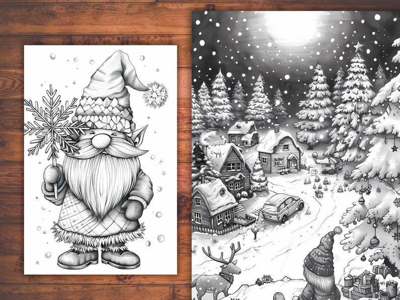 Puede incluir: Ilustraciones en blanco y negro de escenas invernales. Una muestra un gnomo sosteniendo un copo de nieve, con un sombrero con un pomp&oacute;n. La otra representa un pueblo nevado con casas, &aacute;rboles y un coche. Tambi&eacute;n se ve un reno.