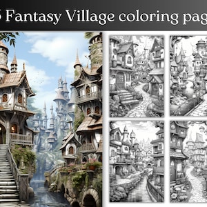 25 Fantasy Village Grayscale Coloring Pages for Adult And Kids Coloring Book Fantasy Coloring Sheets Instant Download Printable PDF File