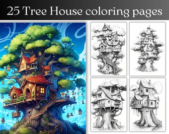 25 Tree House Coloring Book for Adults and Kids Printable Fantasy Coloring Pages Grayscale Dark & Light Version PDF