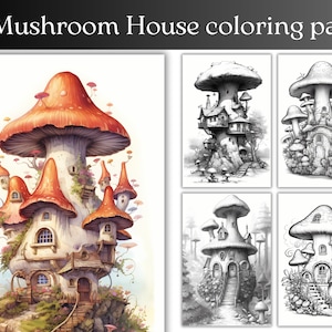 Mushroom House Coloring Book Printable Fantasy Coloring Pages Grayscale Coloring Book for Adults Fairy House