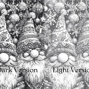 Puede incluir: Ilustraci&oacute;n en blanco y negro con dos figuras de Pap&aacute; Noel con sombreros y barbas detalladas, sobre un fondo festivo de adornos, copos de nieve y &aacute;rboles de Navidad. El texto "Dark Version" y "Light Version" es visible.