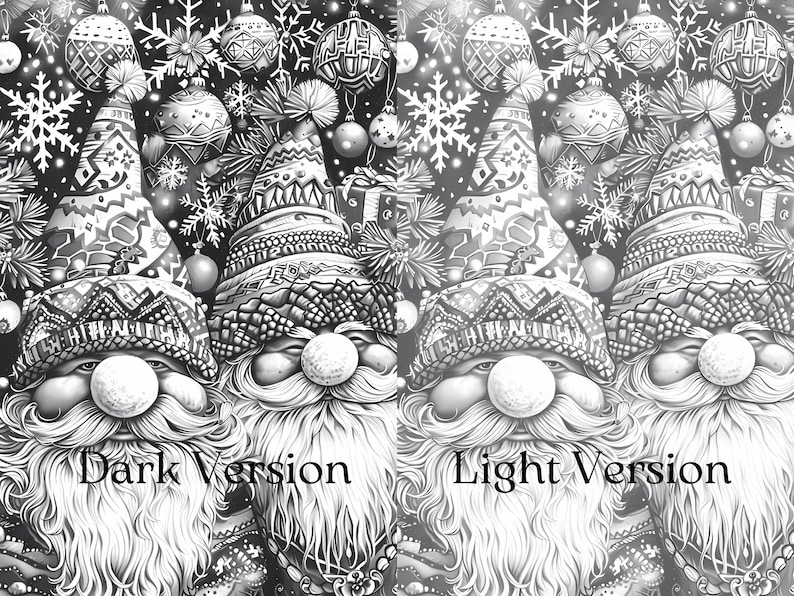 Puede incluir: Ilustraci&oacute;n en blanco y negro con dos figuras de Pap&aacute; Noel con sombreros y barbas detalladas, sobre un fondo festivo de adornos, copos de nieve y &aacute;rboles de Navidad. El texto "Dark Version" y "Light Version" es visible.