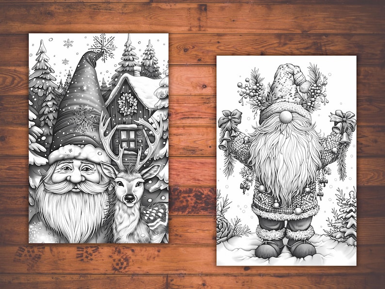 Puede incluir: Dos p&aacute;ginas para colorear con tem&aacute;tica navide&ntilde;a en blanco y negro. Una presenta a Pap&aacute; Noel con un reno y una caba&ntilde;a nevada. La otra muestra un gnomo sosteniendo campanas, rodeado de follaje invernal y copos de nieve.