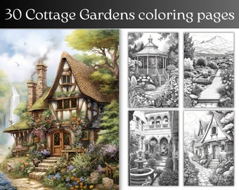 Páginas para colorear en escala de grises de jardines de cabañas: 30 ilustraciones imprimibles (PDF)