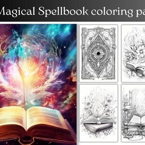 以下が含まれることがあります： 魔法の呪文の書を特集した5枚の塗り絵のセット。ページには、光り輝く光を放つ本、詳細な表紙の本、花と炎の本、城を背景にした本など、さまざまなシーンが描かれています。