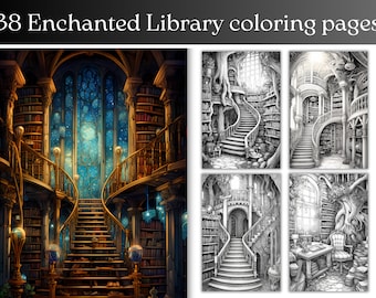 Libro para colorear de la Biblioteca Encantada: 38 páginas de fantasía en escala de grises (PDF)