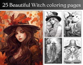 25 Beautiful Witches Coloring Pages for Adults Fantasy Coloring Book Printable Instant Download Grayscale Coloring Pages