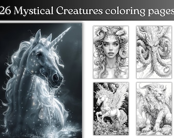 Dibujos para colorear de criaturas míticas en escala de grises: 26 diseños fantásticos (descarga digital)