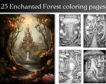 Libro para colorear del Bosque Encantado: 25 páginas mágicas en escala de grises (Descarga digital)